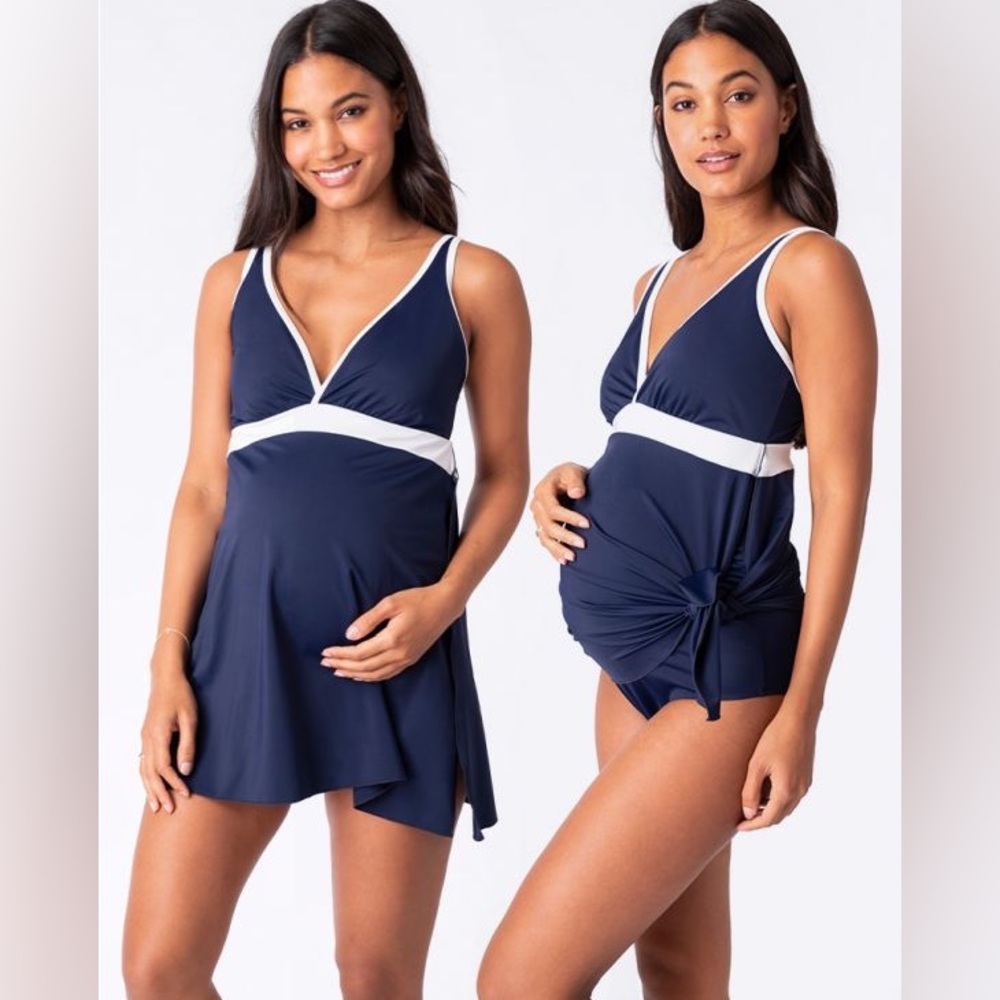 Navy Maternity One-Piece Swim Dress with White Trim